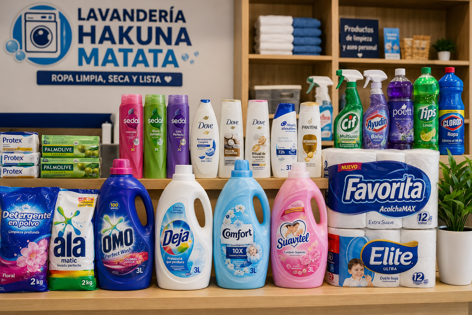 Productos de limpieza y aseo personal en Lavandería Hakuna Matata